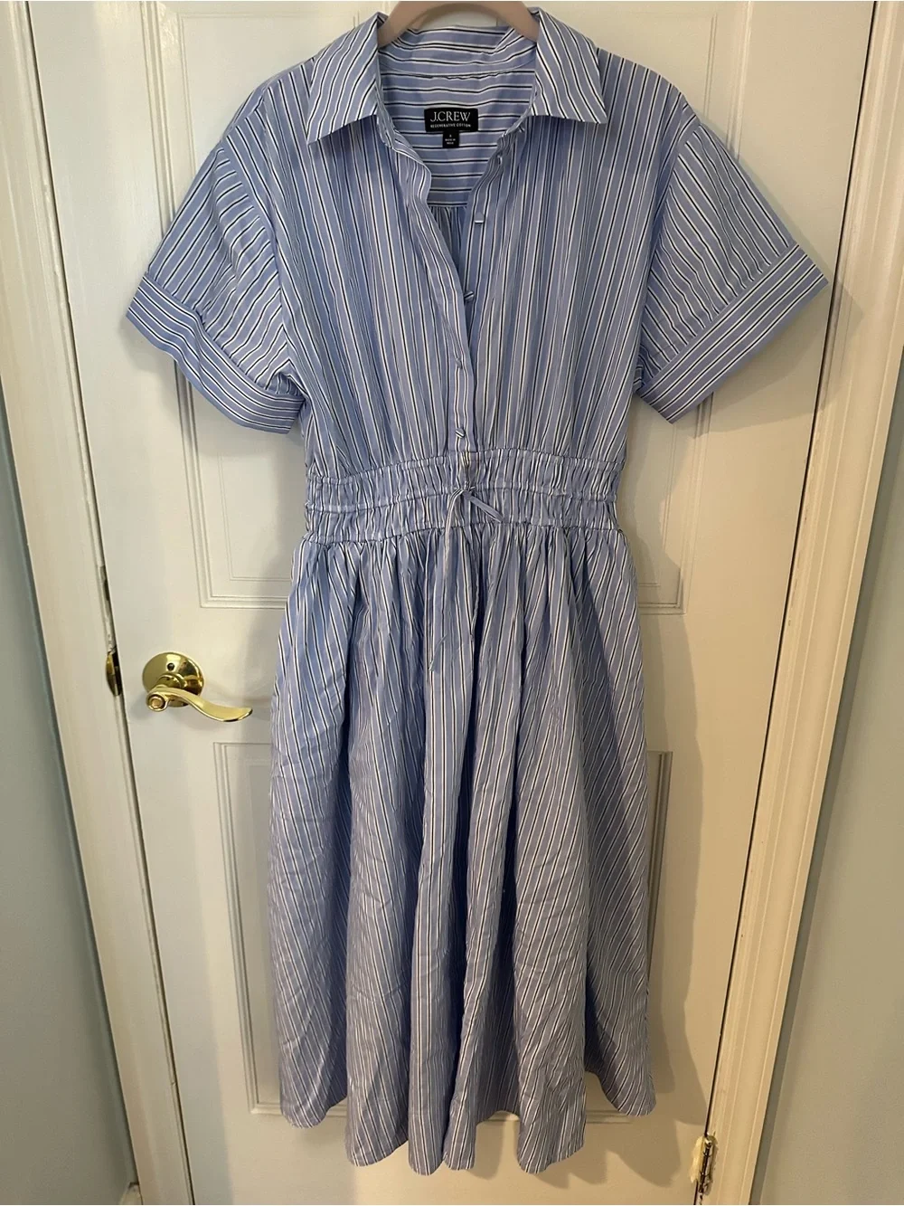 J. Crew Elena dress.  Light Blue Striped Maxi Shirtdress with Cinched Waist
